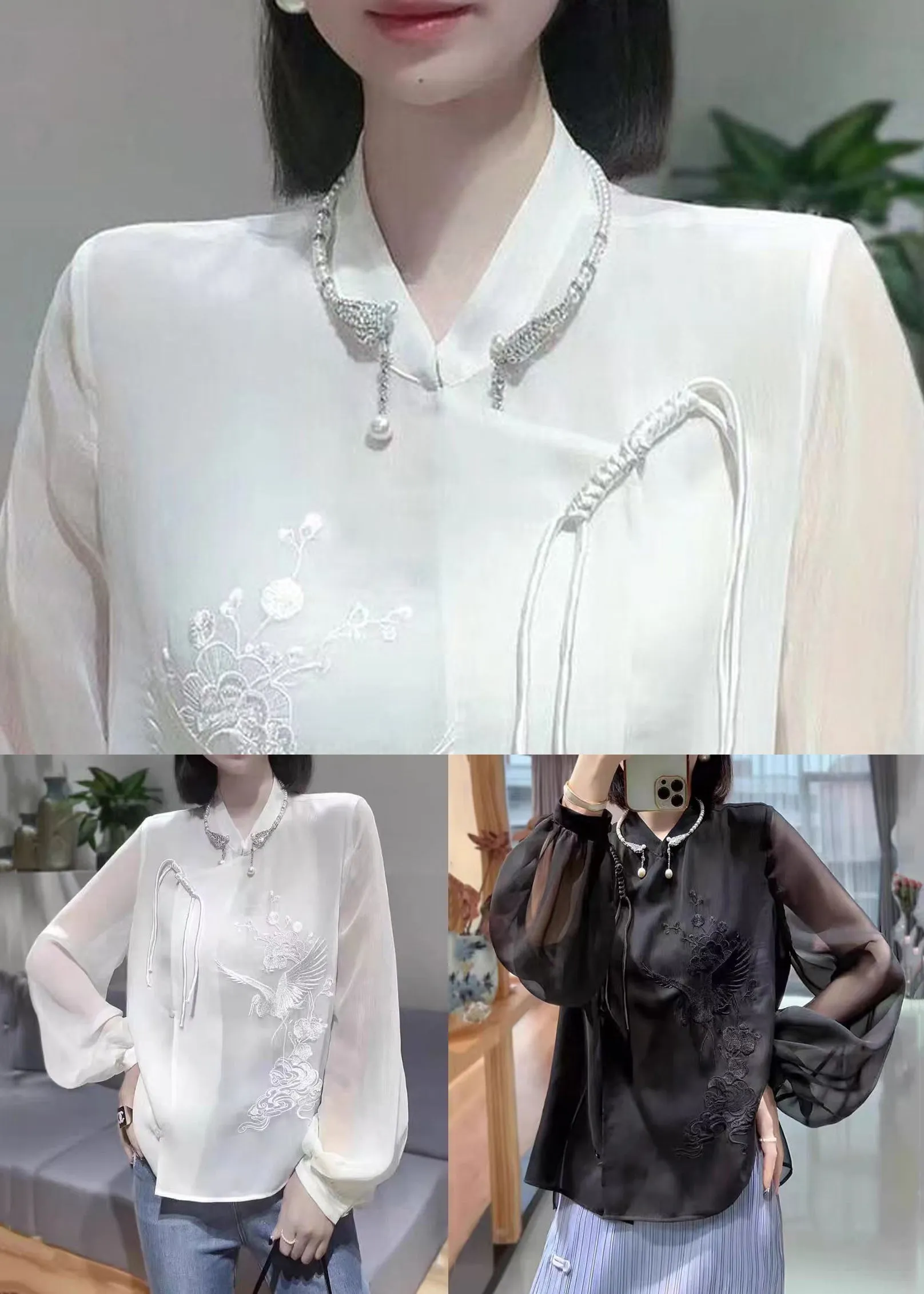 New White Embroidered Chinese Button Chiffon Shirt Spring QA1048