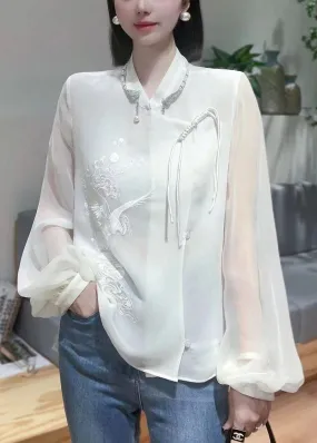 New White Embroidered Chinese Button Chiffon Shirt Spring QA1048