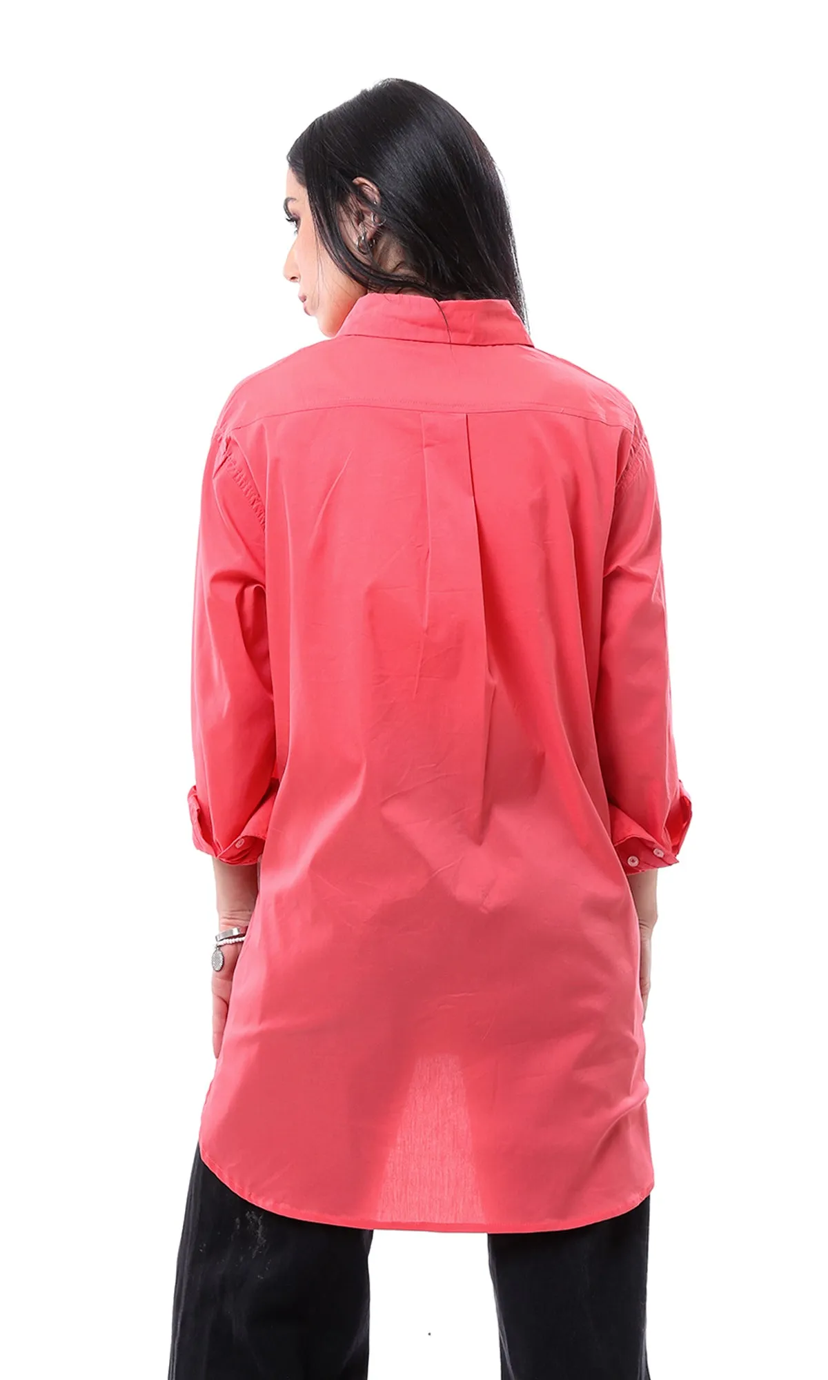 O163876 Solid Long Shirt With Patched Pocket - Coral