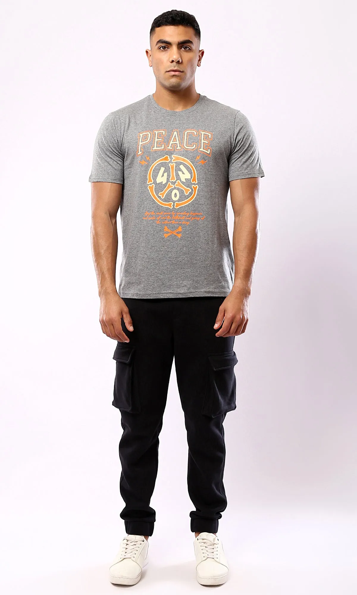 O182901 Peace Printed Short Sleeves Tee - Heather Medium Grey