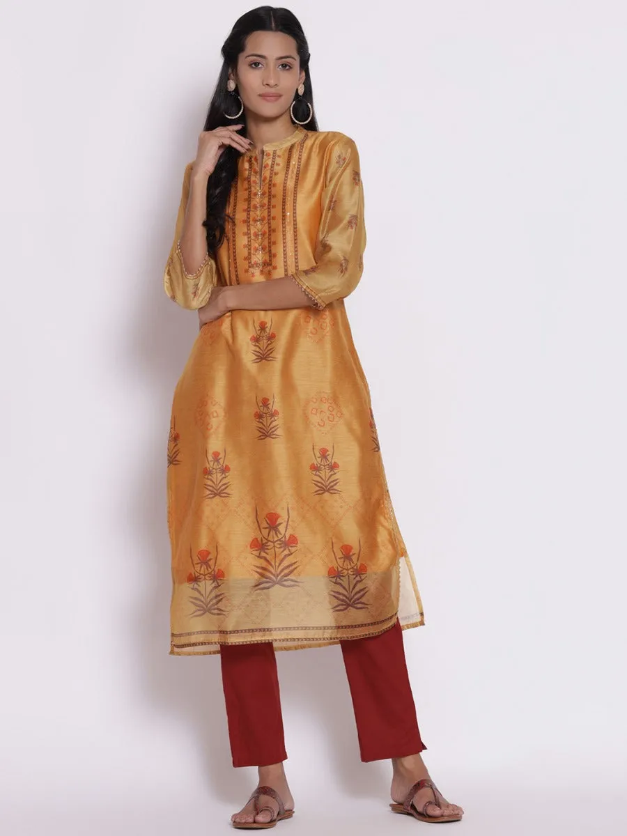 Ochre Yellow Floral Printed Kurta