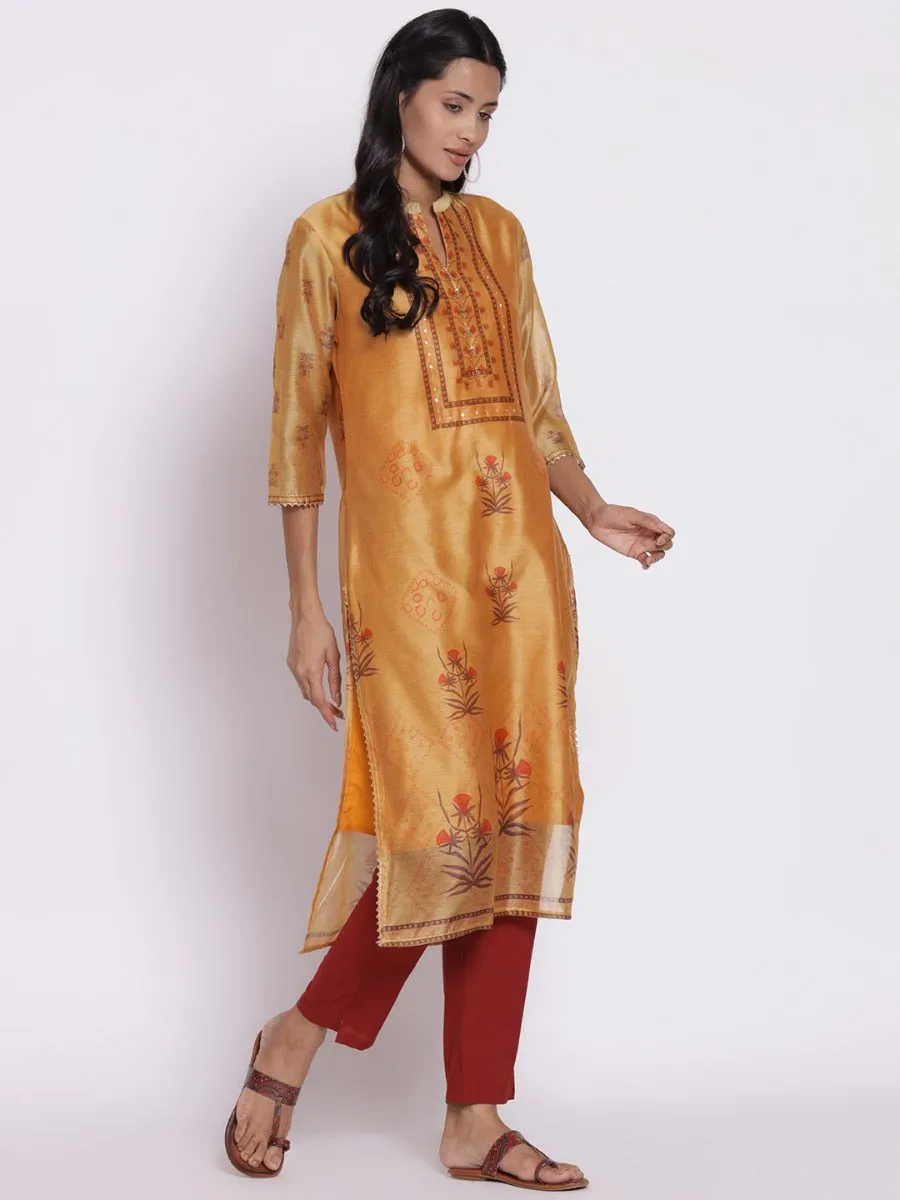 Ochre Yellow Floral Printed Kurta