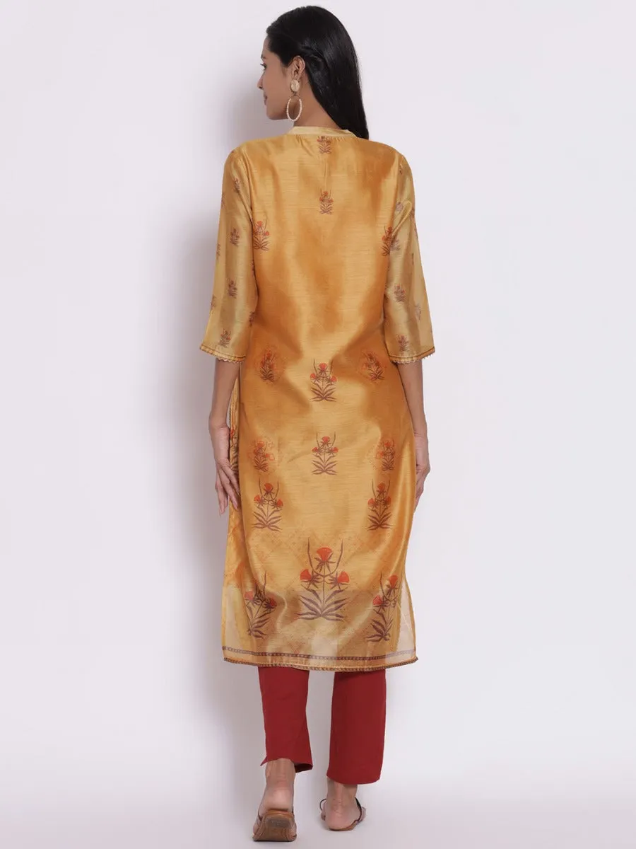 Ochre Yellow Floral Printed Kurta