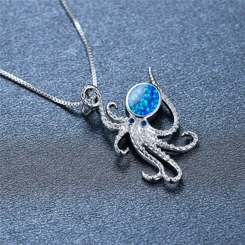 Octopus White Blue Opal Oval Stone Necklace - 925 Sterling Silver