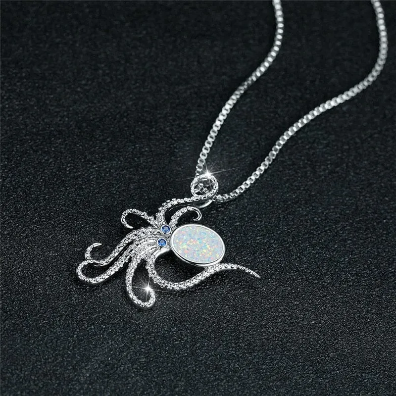 Octopus White Blue Opal Oval Stone Necklace - 925 Sterling Silver