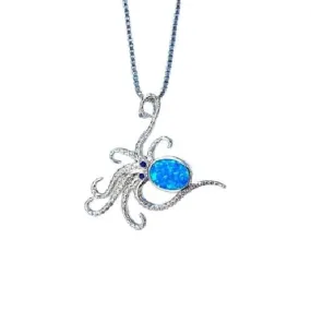 Octopus White Blue Opal Oval Stone Necklace - 925 Sterling Silver