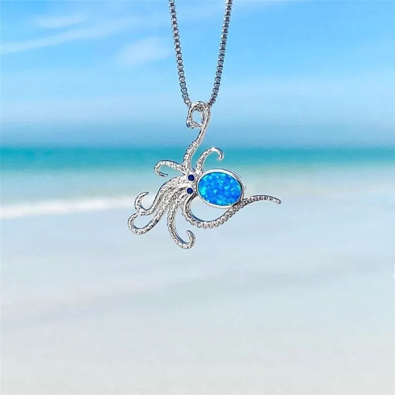 Octopus White Blue Opal Oval Stone Necklace - 925 Sterling Silver