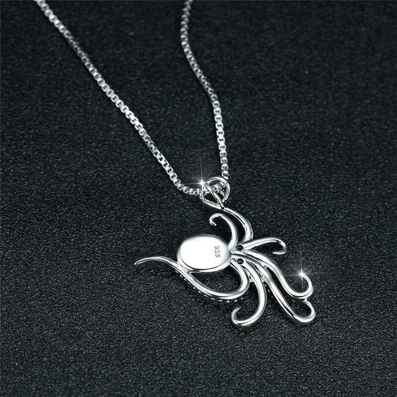 Octopus White Blue Opal Oval Stone Necklace - 925 Sterling Silver