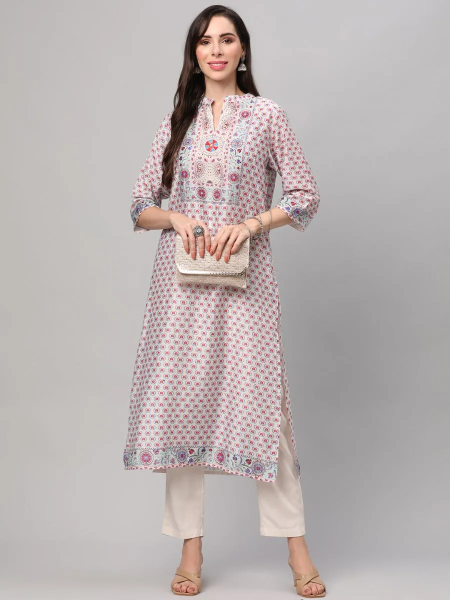 Off White Floral Print Kurta Trouser Dupatta