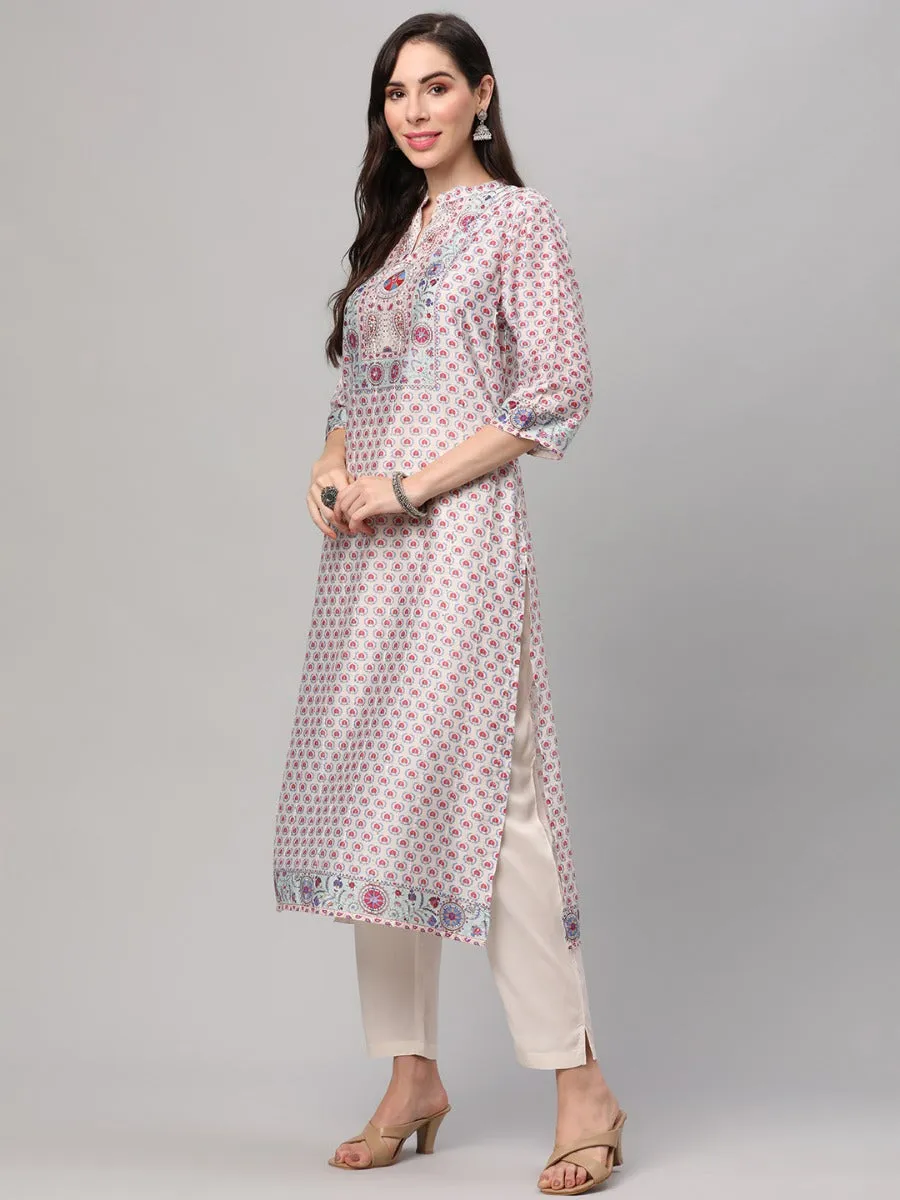 Off White Floral Print Kurta Trouser Dupatta