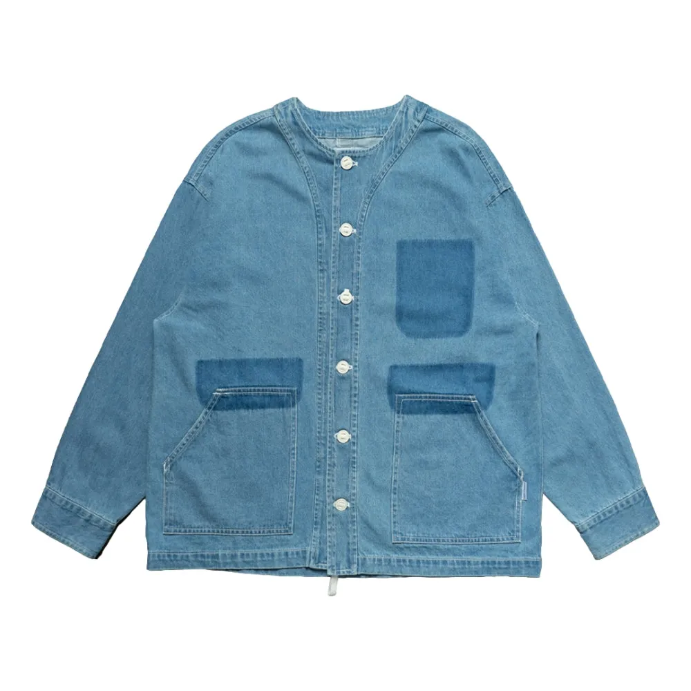 OPEN DIALOGUE WASHED DENIM COLLARLESS SHIRT-BLUE