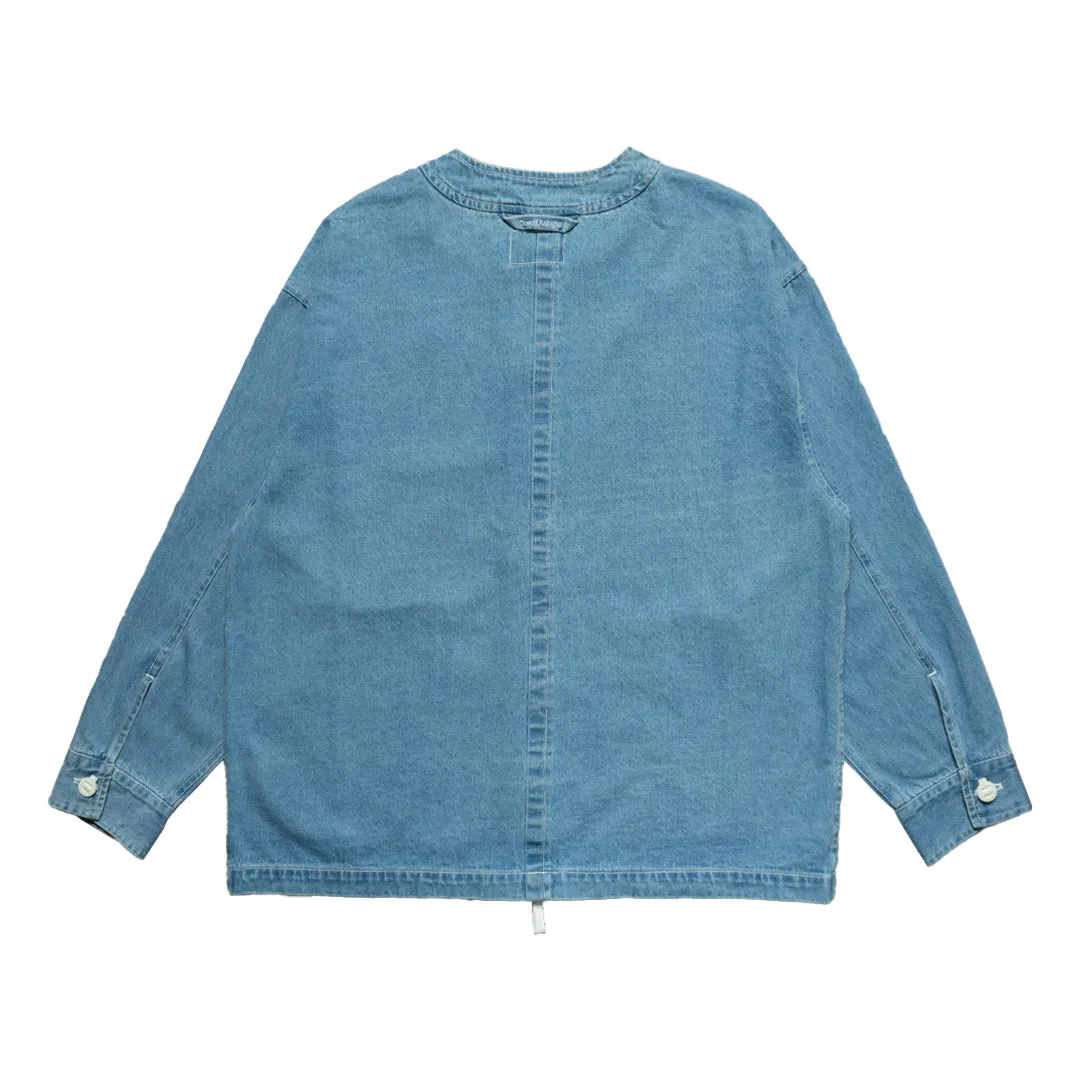 OPEN DIALOGUE WASHED DENIM COLLARLESS SHIRT-BLUE