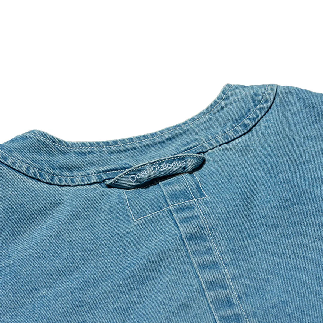 OPEN DIALOGUE WASHED DENIM COLLARLESS SHIRT-BLUE