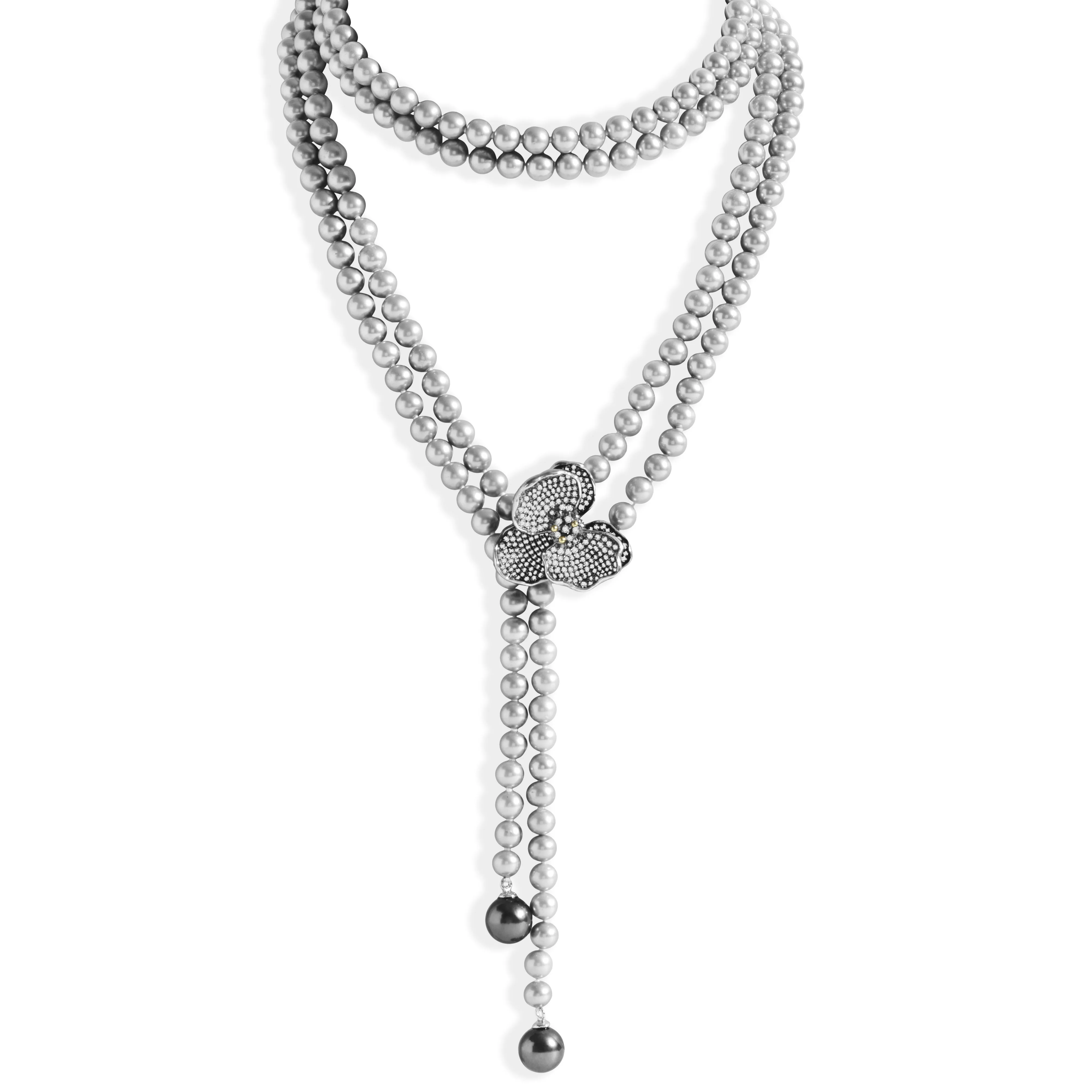 Orchid Lariat Necklace with Pearls and Diamonds