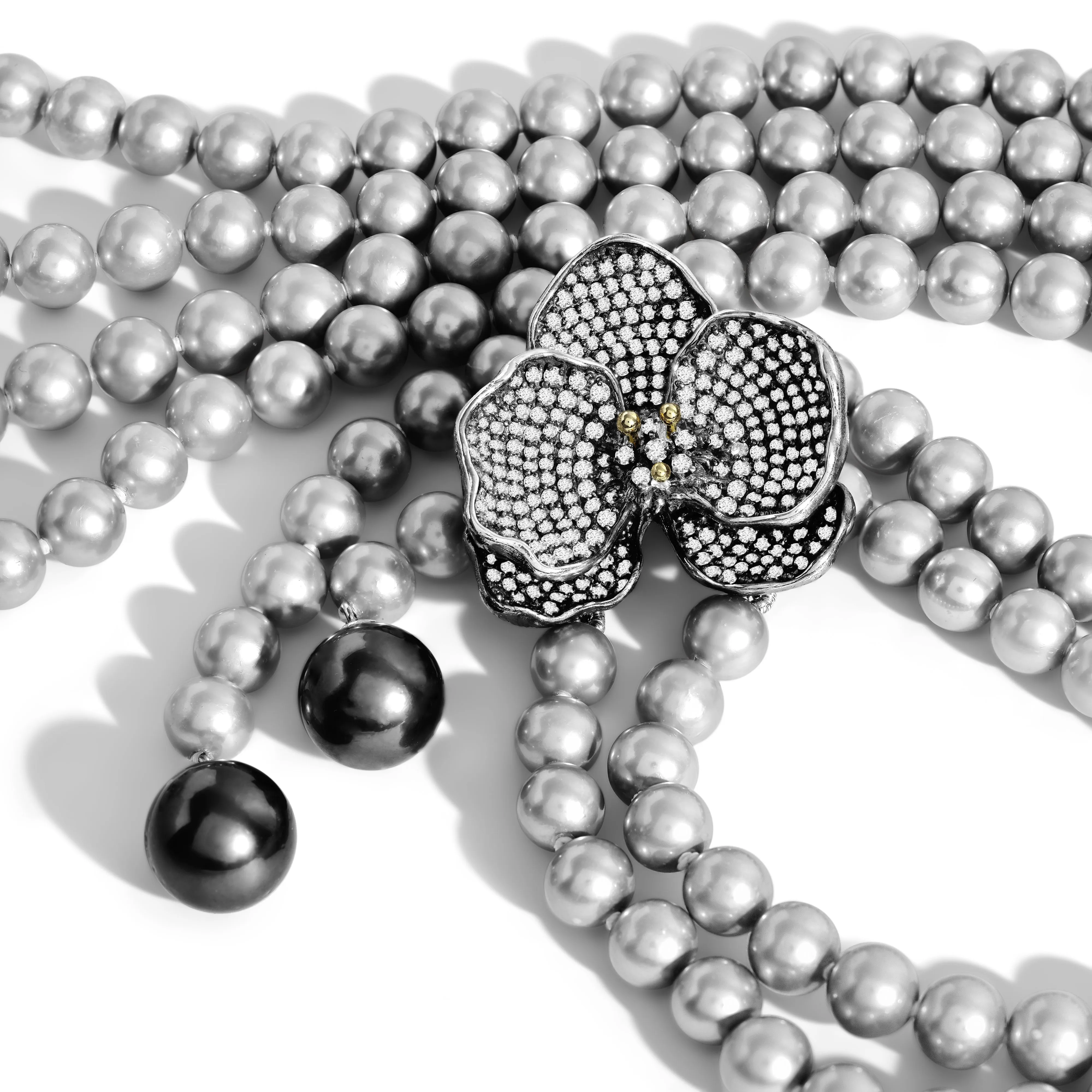 Orchid Lariat Necklace with Pearls and Diamonds