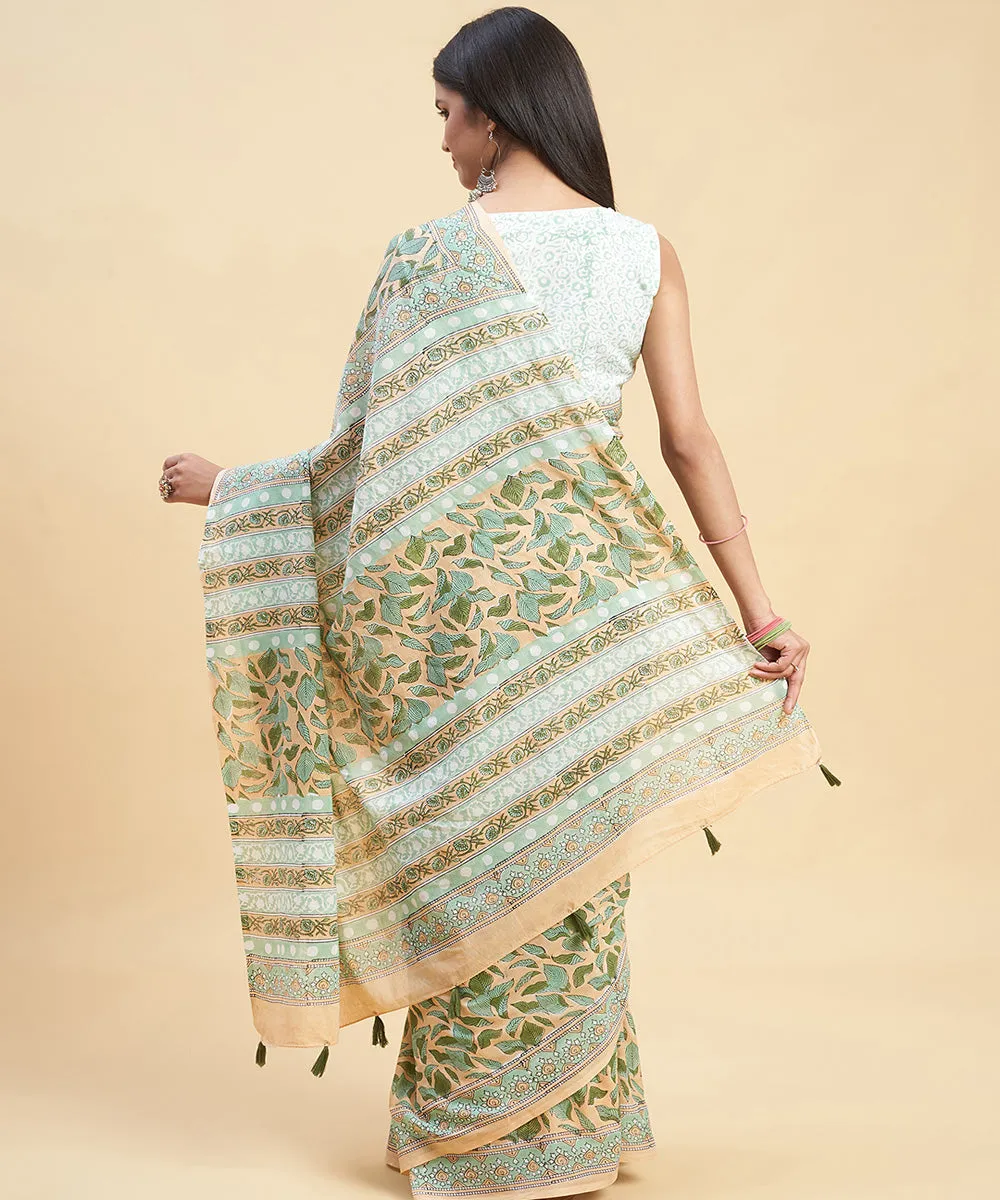 Peach olive green cotton hand block sanganeri printed saree