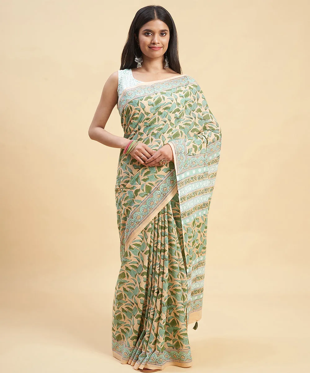 Peach olive green cotton hand block sanganeri printed saree