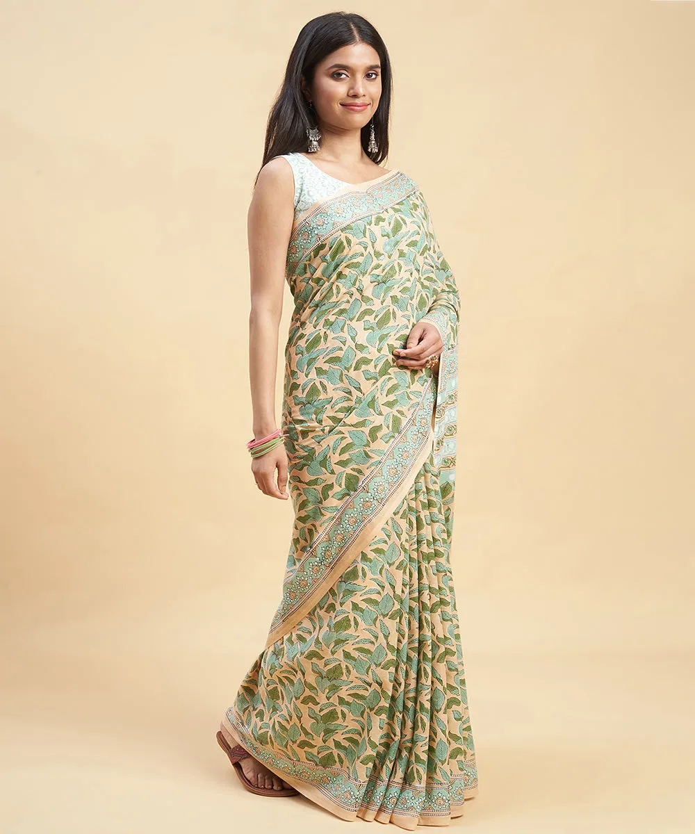 Peach olive green cotton hand block sanganeri printed saree