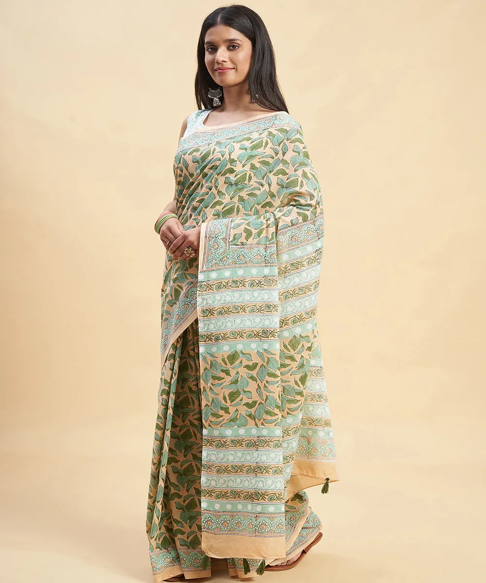 Peach olive green cotton hand block sanganeri printed saree