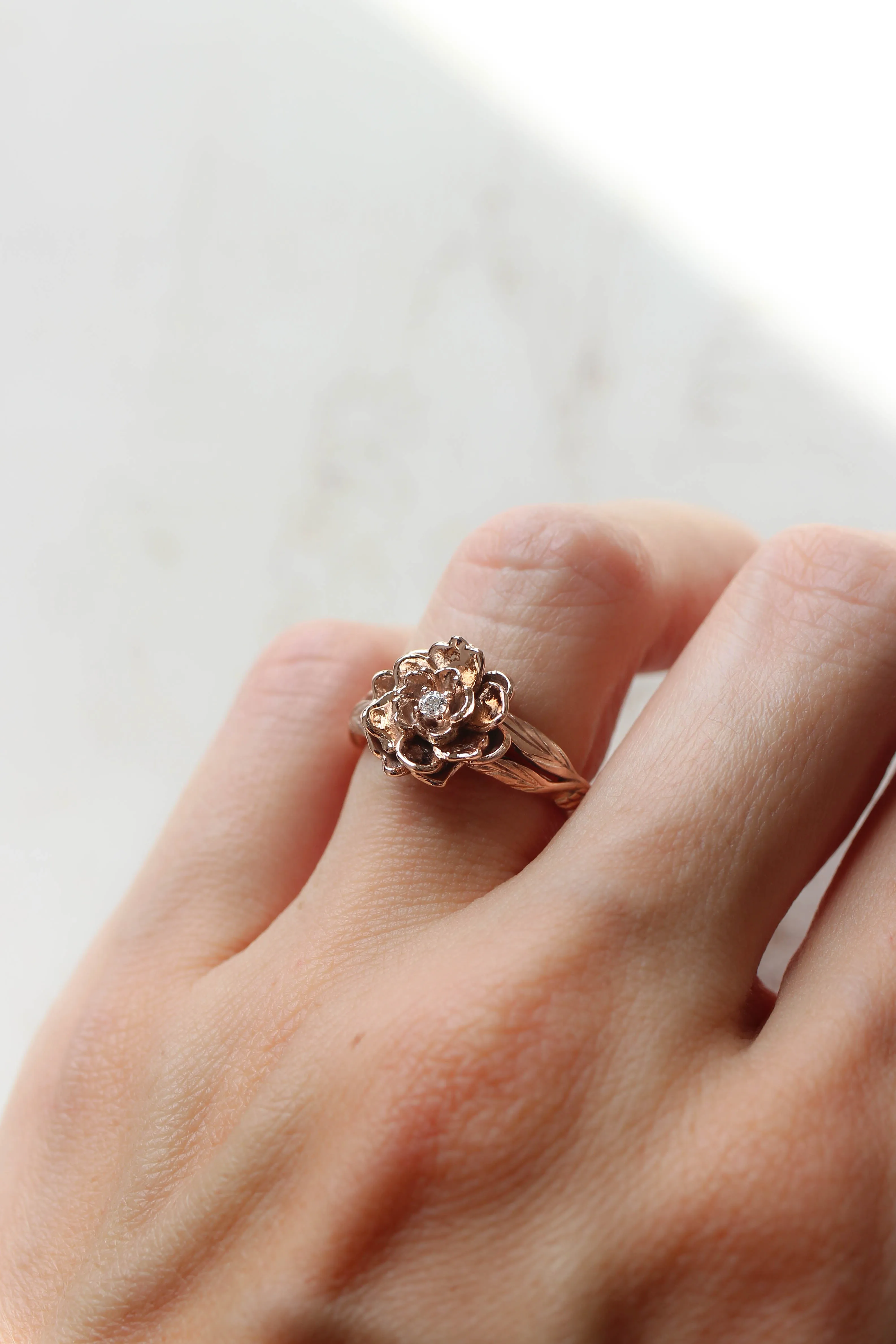 Peony flower engagement ring with diamond or moissanite