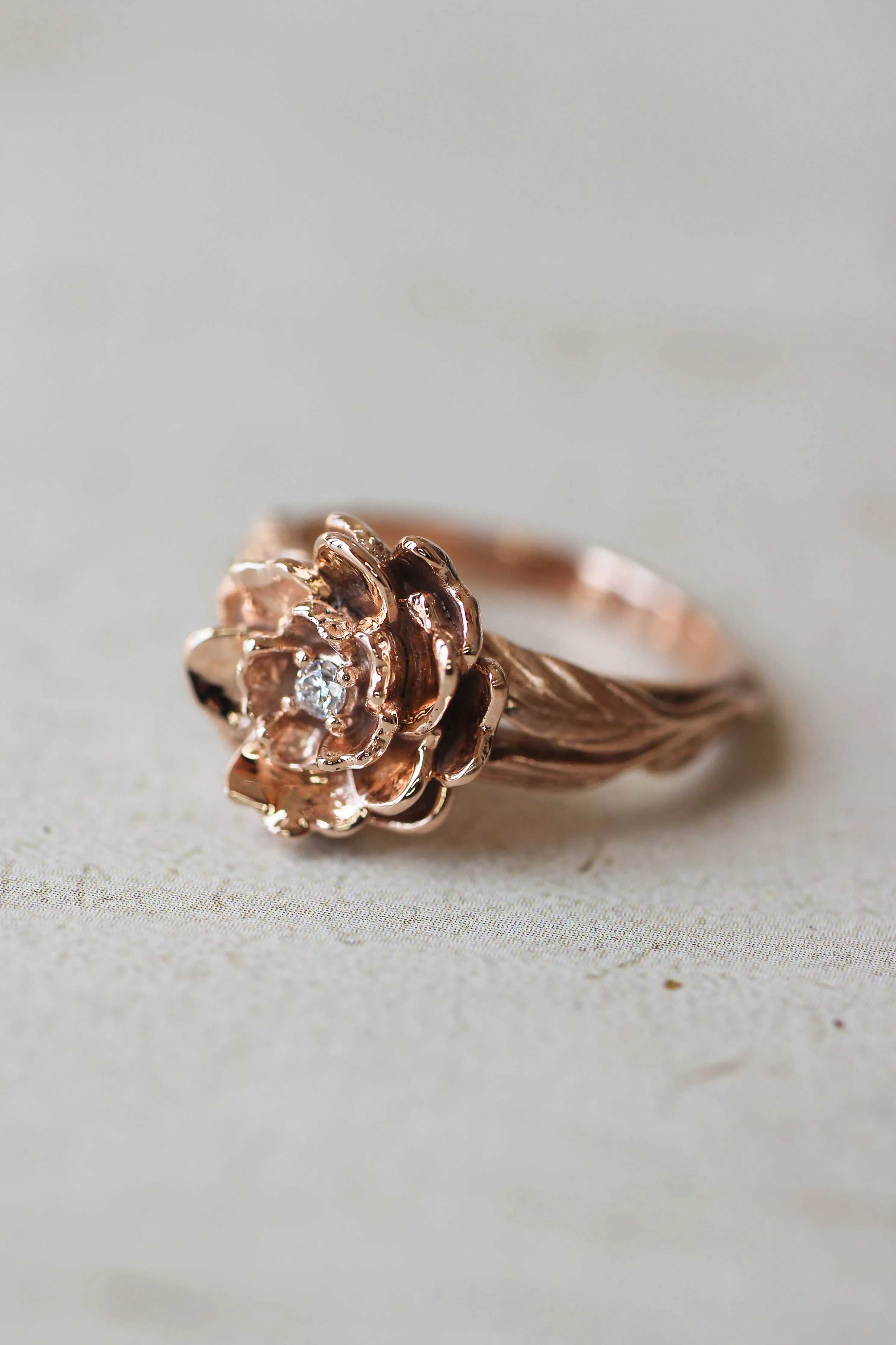 Peony flower engagement ring with diamond or moissanite