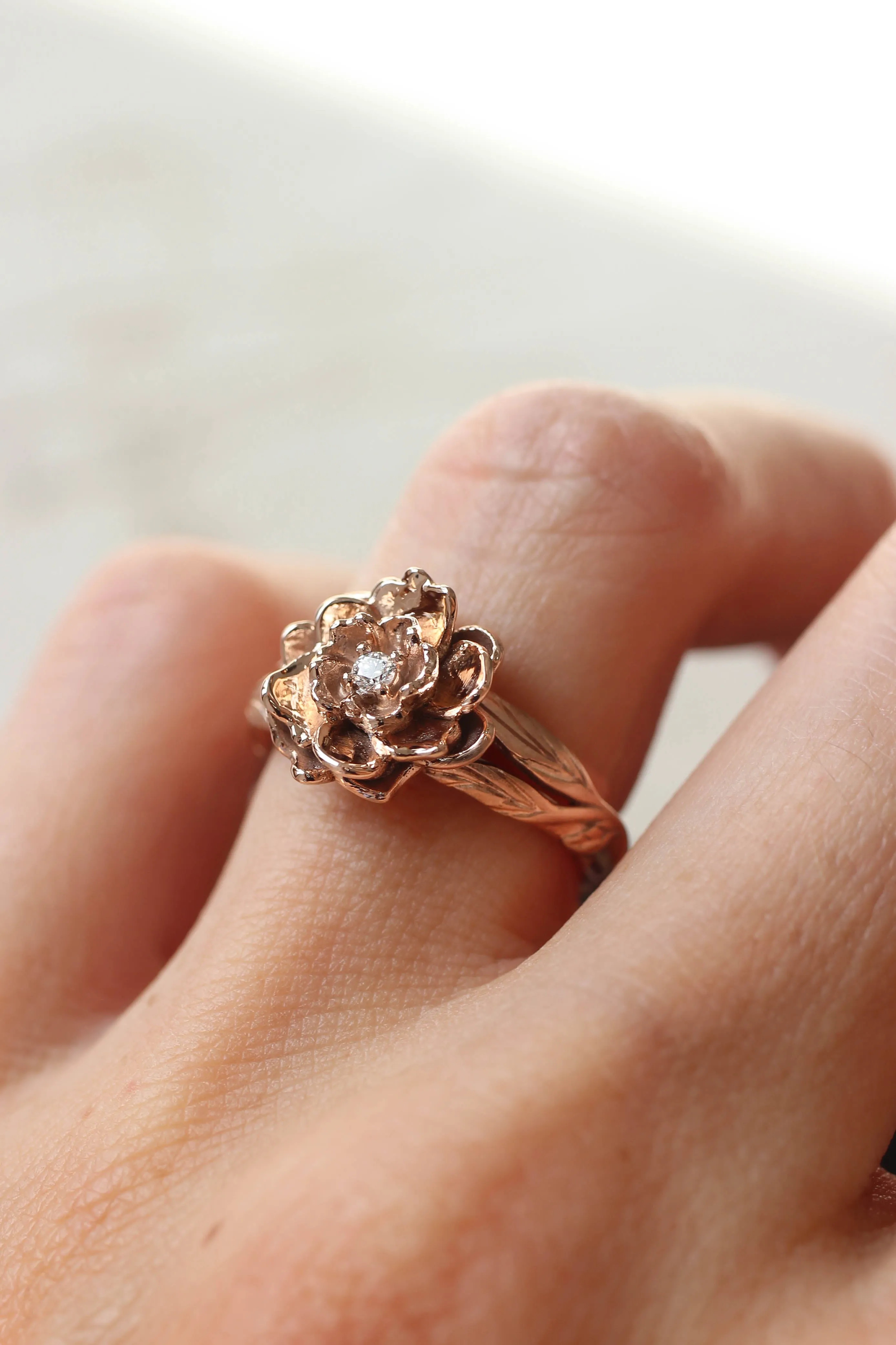 Peony flower engagement ring with diamond or moissanite