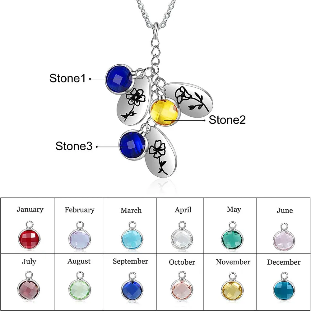 Personalized 3 Birthstones And Flowers Pendant