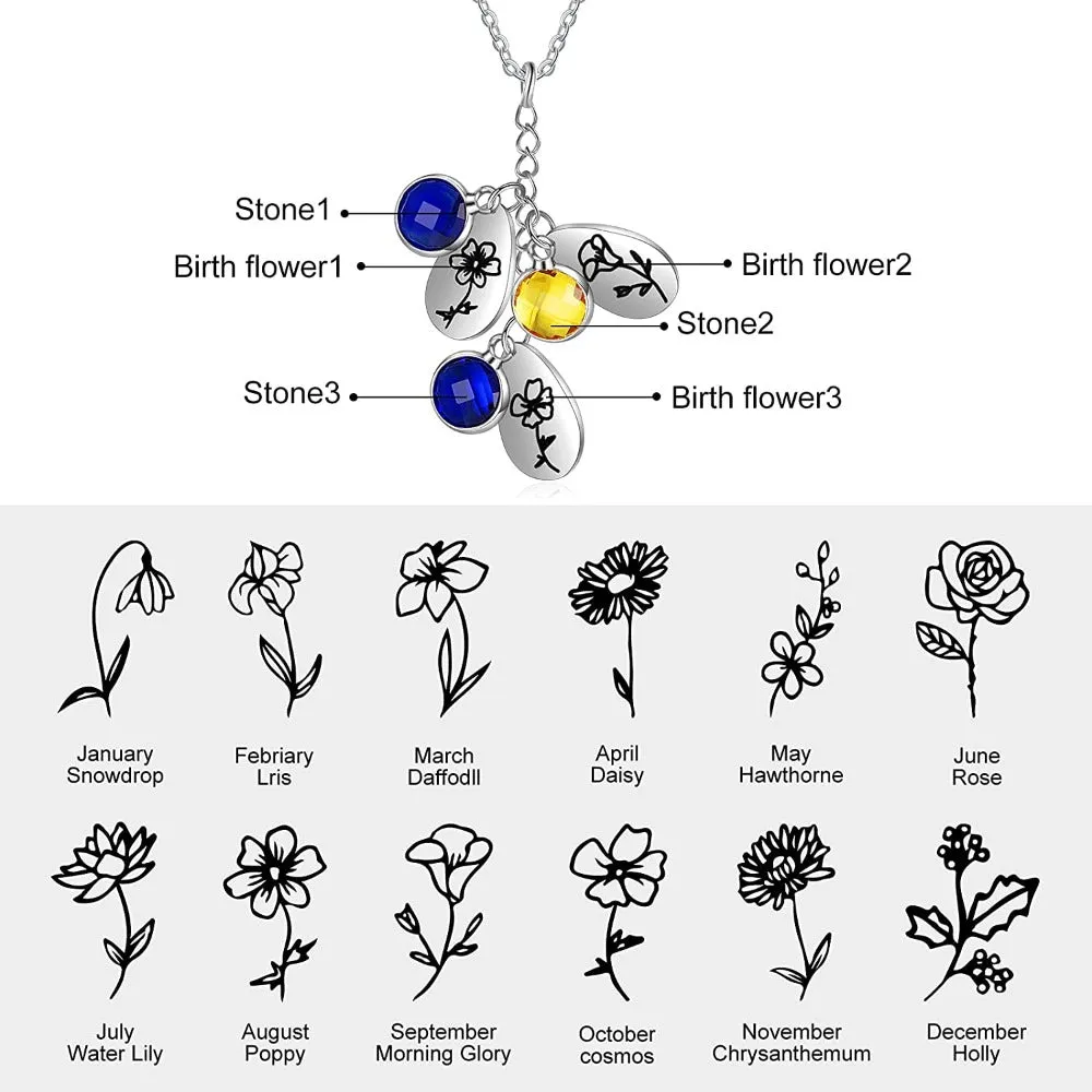 Personalized 3 Birthstones And Flowers Pendant