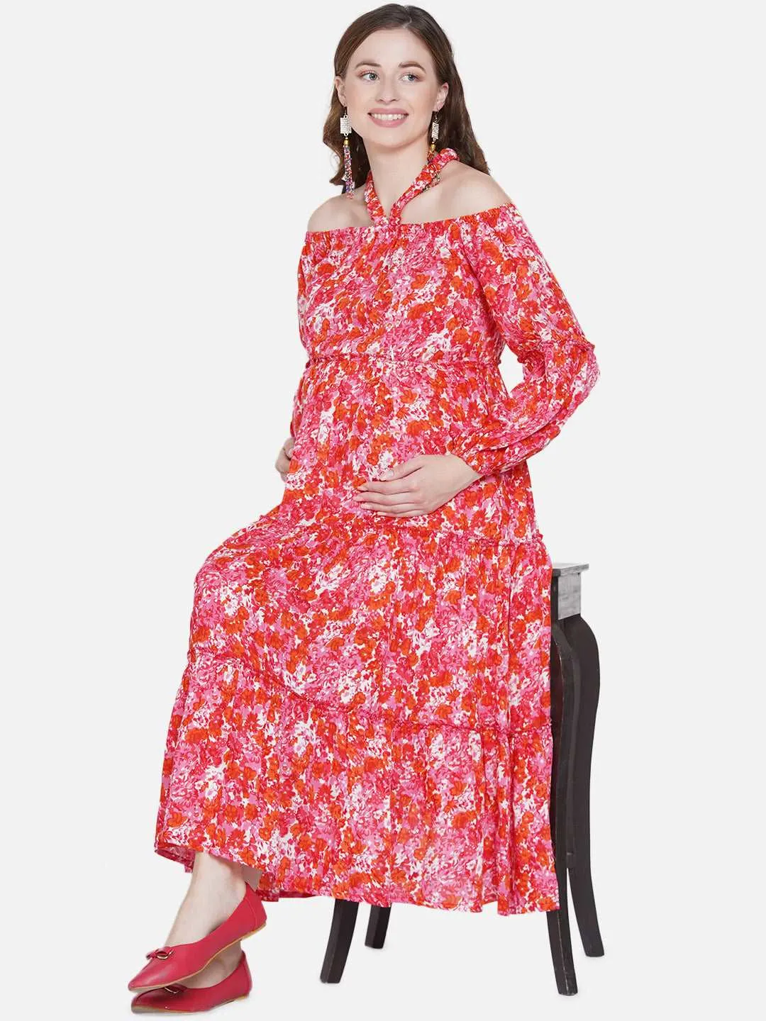 Pink Floral Print Maternity and Nursing Midi Dress