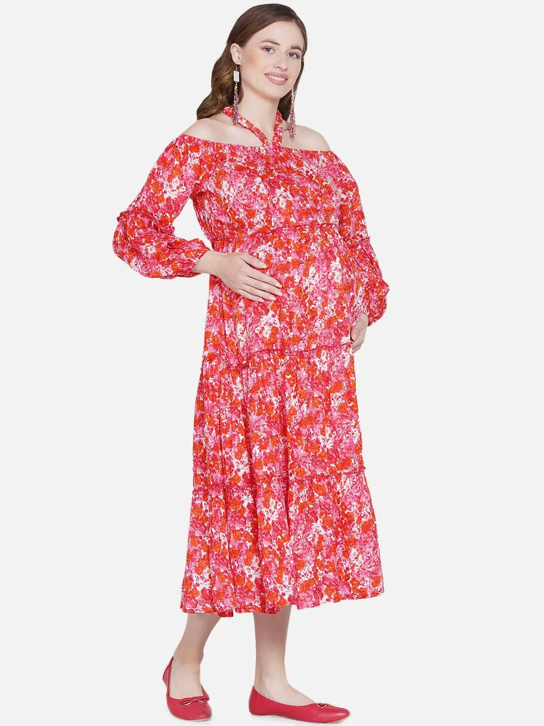 Pink Floral Print Maternity and Nursing Midi Dress