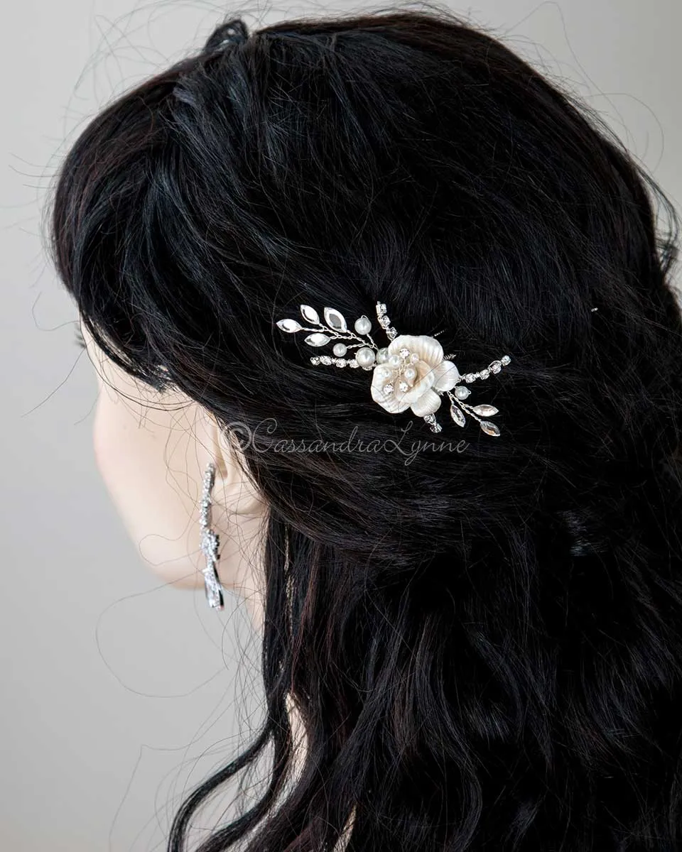 Porcelain Flower Bridal Hair Pin with Pearls