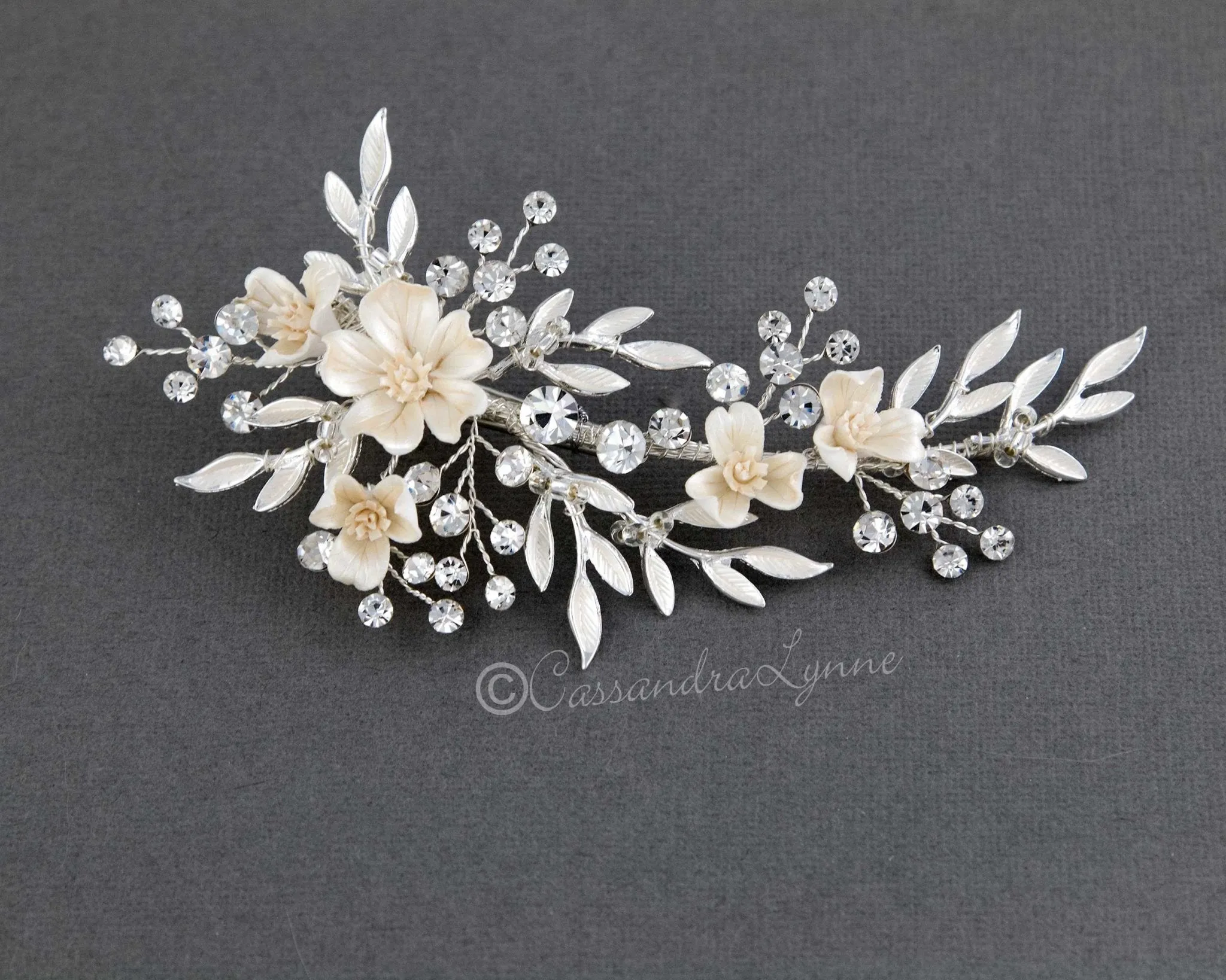 Porcelain Ivory Flowers and Crystals Bridal Clip