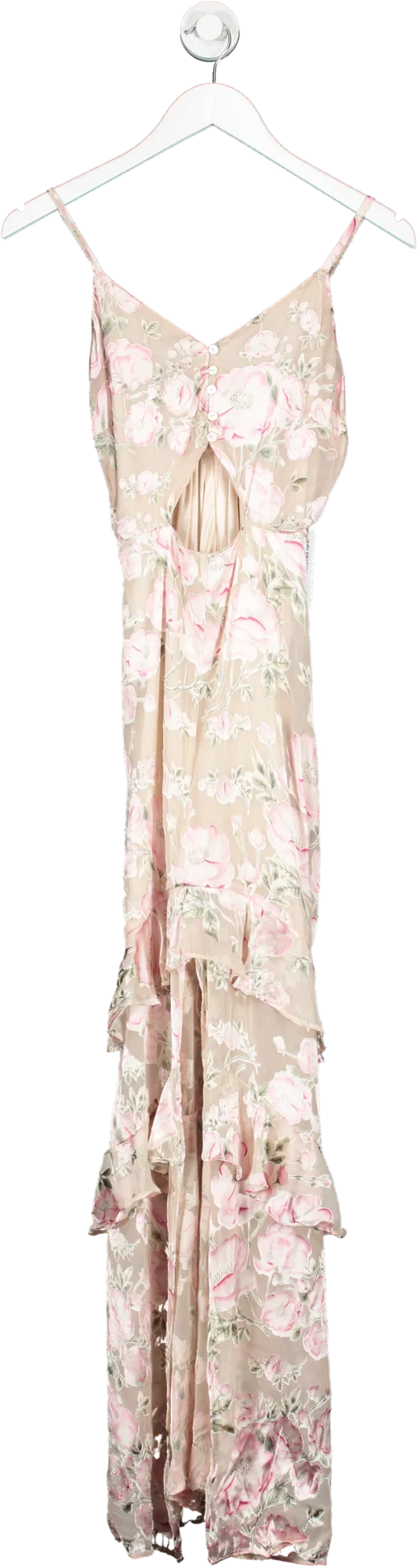 rahi cali Pink Cut Out Satin Tiered Floral Maxi Dress UK XS