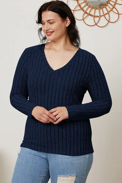 Ribbed V-Neck Long Sleeve T-Shirt