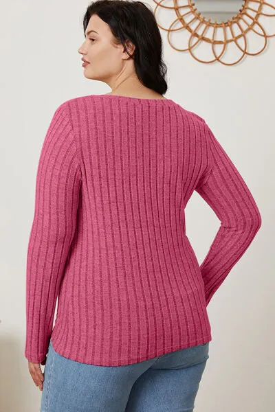 Ribbed V-Neck Long Sleeve T-Shirt