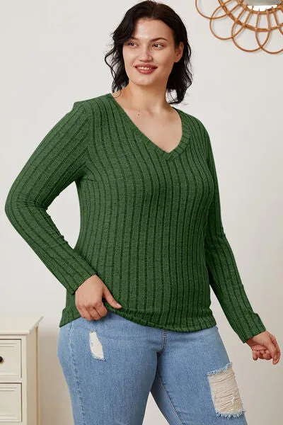 Ribbed V-Neck Long Sleeve T-Shirt