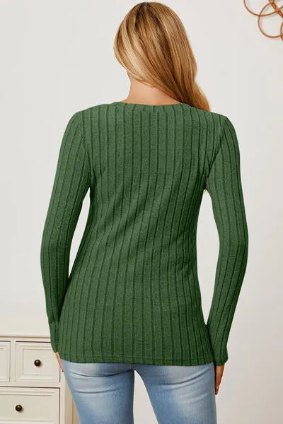 Ribbed V-Neck Long Sleeve T-Shirt