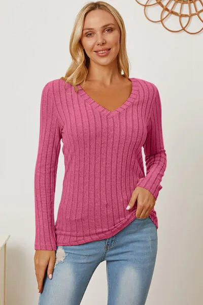 Ribbed V-Neck Long Sleeve T-Shirt