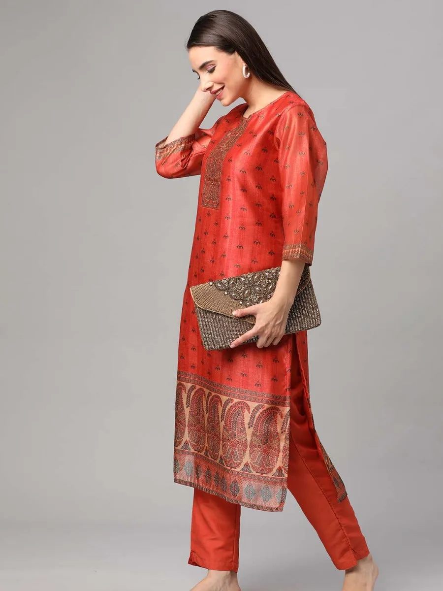 Rust Ornamental Printed Kurta Trouser Dupatta