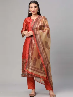 Rust Ornamental Printed Kurta Trouser Dupatta