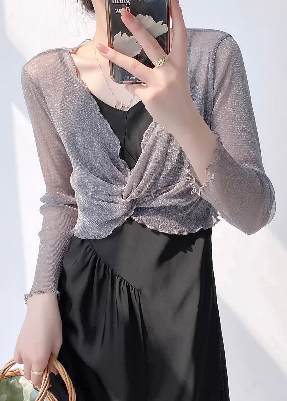 Sexy Grey V Neck Wrinkled Tulle Top Long Sleeve AS1082