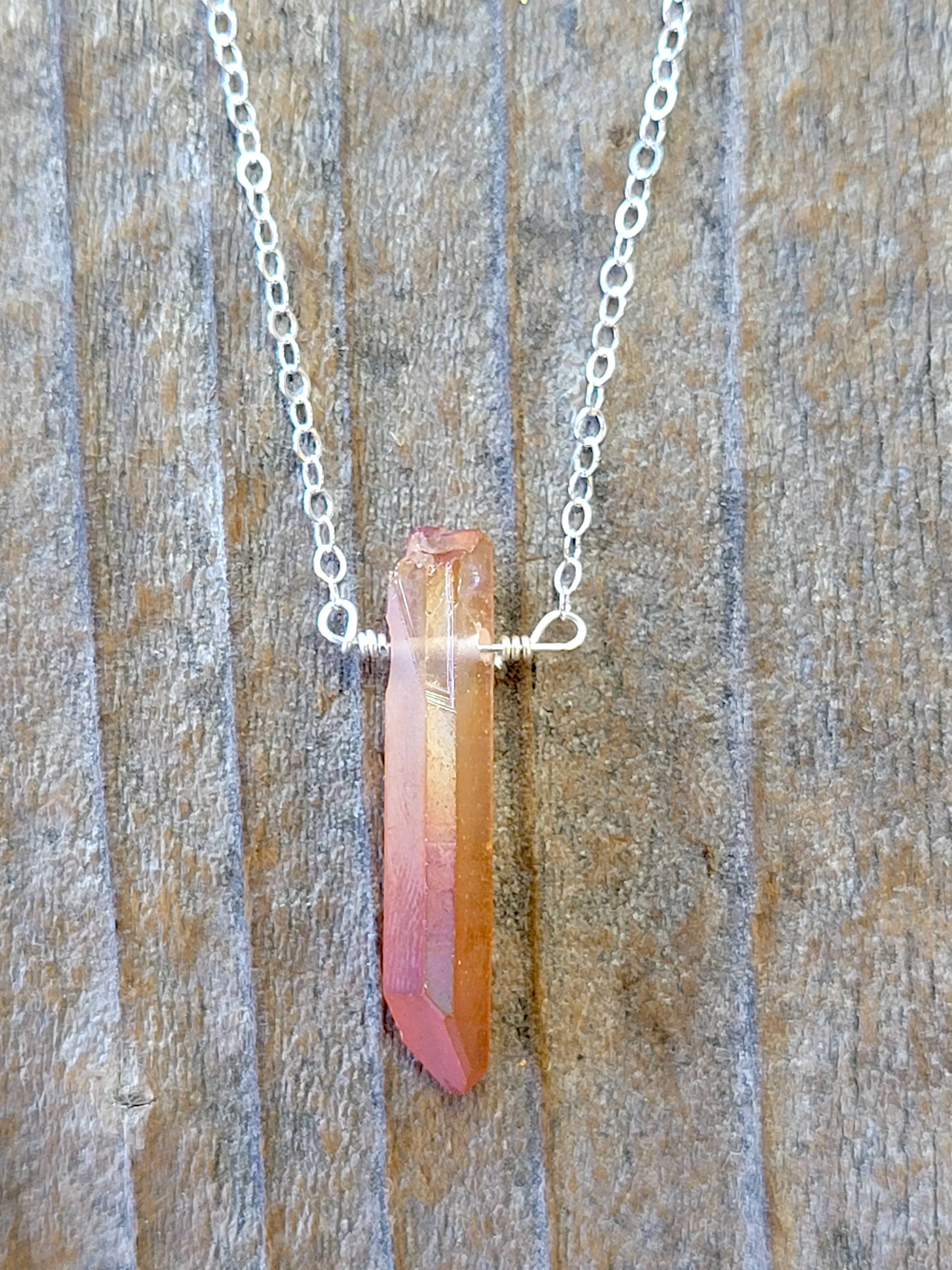 Single Raw Peach Quartz Crystal Pendant Necklace in Silver