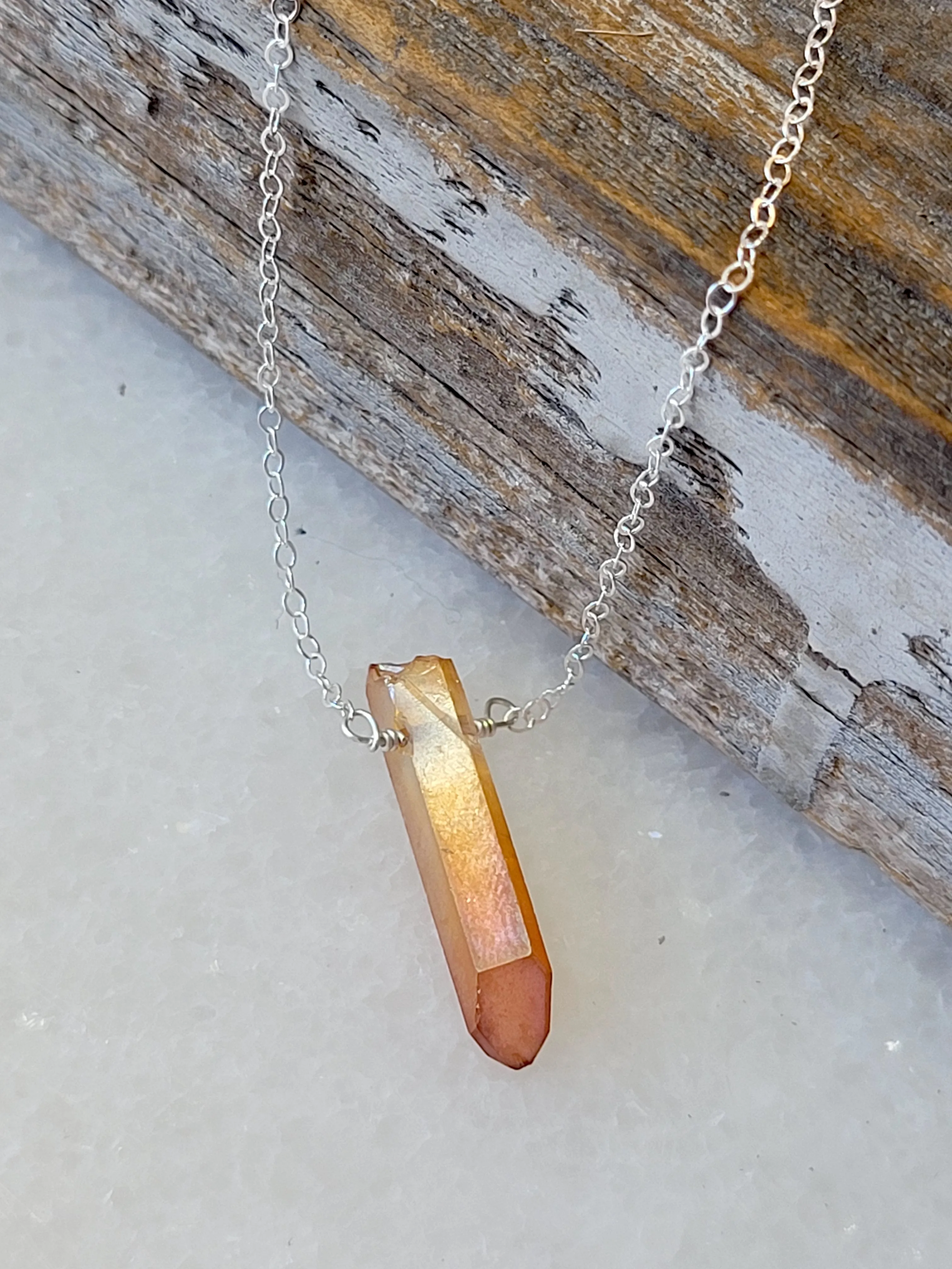 Single Raw Peach Quartz Crystal Pendant Necklace in Silver