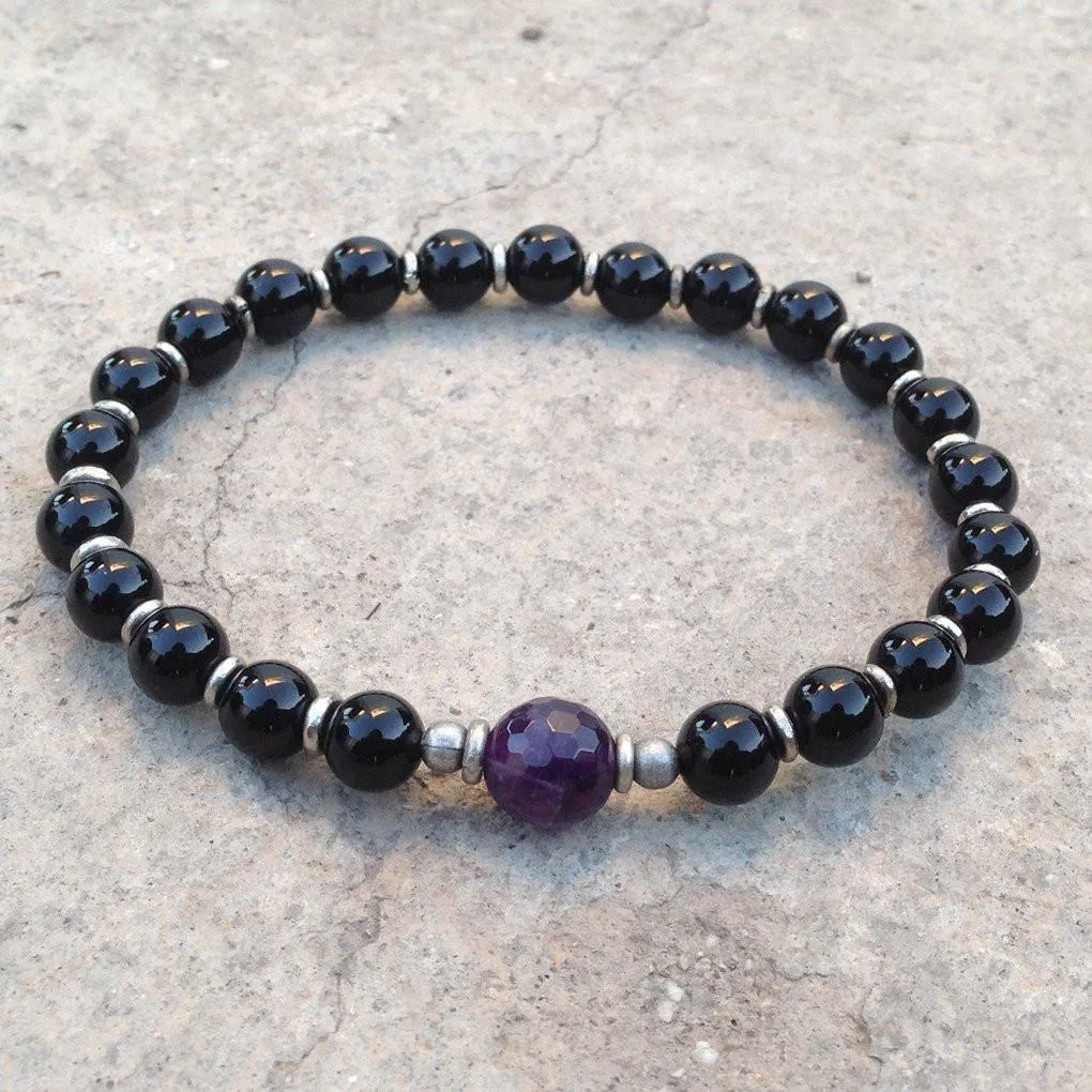 Soothing and Patience, Genuine Onyx and Amethyst Mala Bracelet