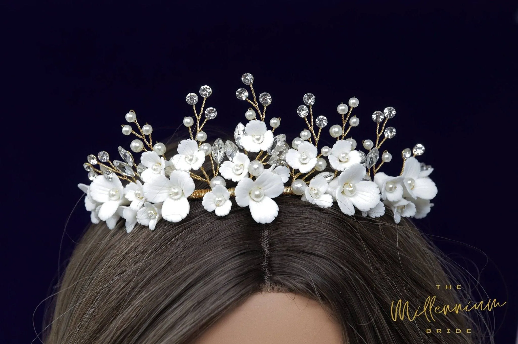 Swarovski Crystals Pearl Ceramic White Flower Tiara , Bridal Tiara, Crystal Wedding Tiara, Crystal Wedding Crown, Tiara Bride