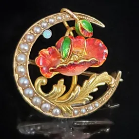 The Cheyenne - Art Nouveau Era Pearl Opal Enamel 14k Gold Brooch