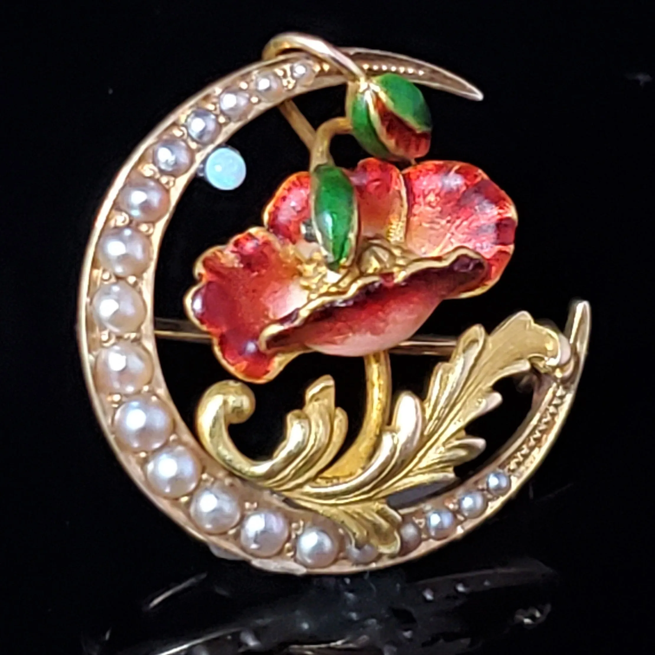 The Cheyenne - Art Nouveau Era Pearl Opal Enamel 14k Gold Brooch