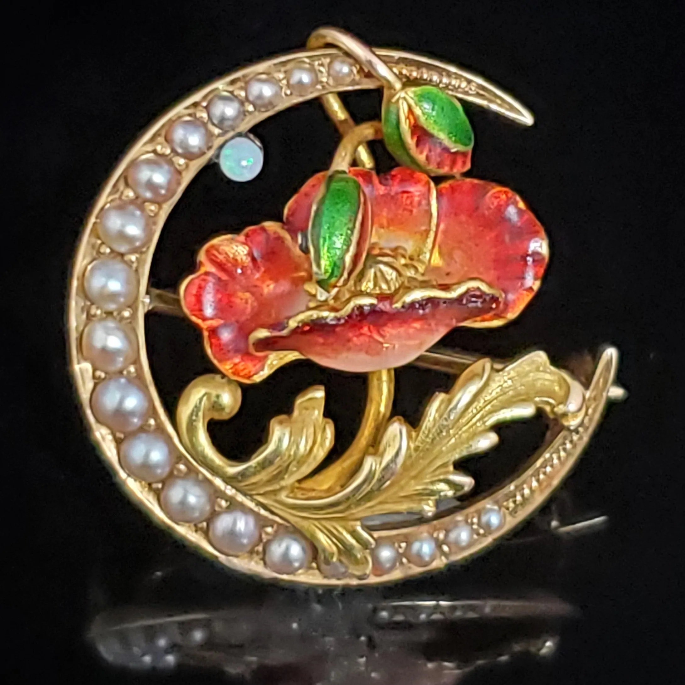 The Cheyenne - Art Nouveau Era Pearl Opal Enamel 14k Gold Brooch