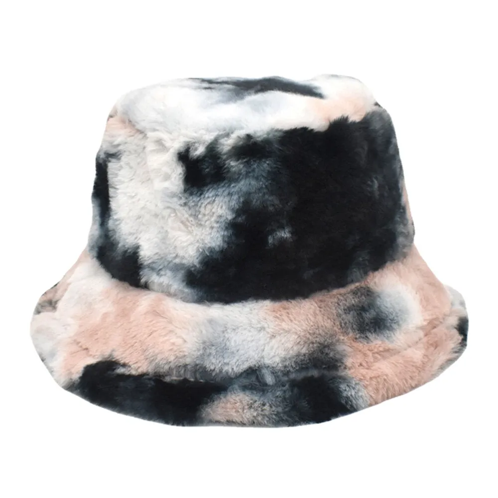 Unisex Faux Rabbit Fur Colorful Gradient Tie-dye Bucket Hat Winter Thicken Warmth Windproof Fashion Sunshade Hat