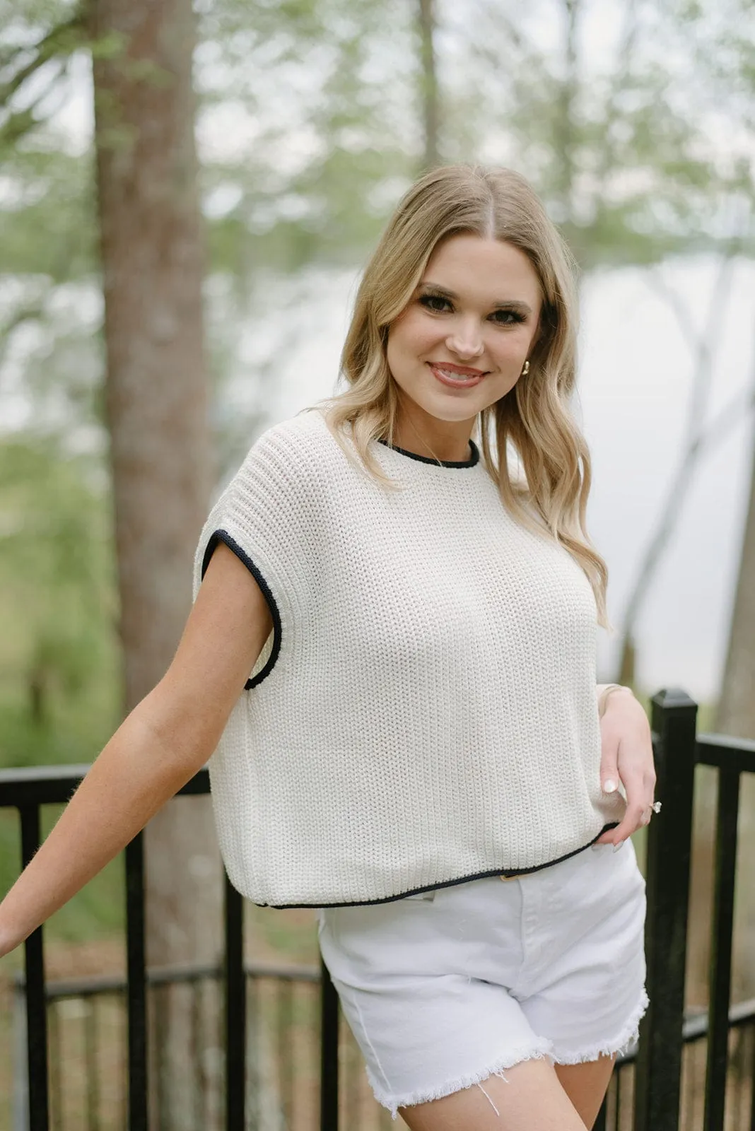 White Knit Contrast Detail Top